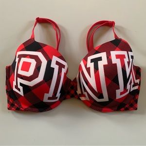 PINK • 36DD • Wear Everywhere T-Shirt Lightly Lined Bra Plaid Pink Spellout